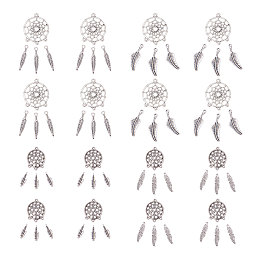 PandaHall Elite 40 Pieces Tibetan Style Dreamcatcher Pendant Charms 80 Pieces Feather Pendants, Antique Silver