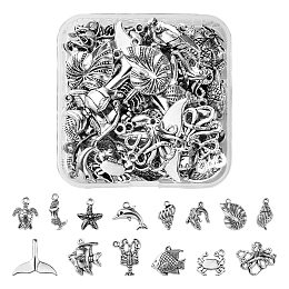 Honeyhandy 60Pcs 14 Style Tibetan Style Alloy Pendants, Starfish & Spiral Shell & Sea Turtle & Crab & Crocodile & Tropical Fish & Mermaid & Conch Shell & Octopus & Whelk & Whale Tail Shaped & Dolphin & Lobster, Antique Silver, 60pcs/box