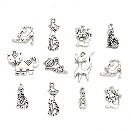 Honeyhandy Kitten Theme Tibetan Style Alloy Pendants, Mixed Cat Shapes, Antique Silver, 13~52x9~35x1.5~2.5mm, Hole: 1.5~3mm