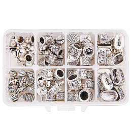 PandaHall Elite About 80 Pcs Tibetan Style Silver Alloy Leather Cord End Cap Bead Tube Barrel Loop Clasp 8 Styles for Jewelry Making