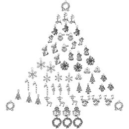 SUNNYCLUE 1 Box 60Pcs 20 Styles Alloy Christmas Charms Bulk Tibetan Style Snowflake Pendants Holiday Theme Reindeer Jingle Bells Charms for Crafts Making Spplies, Antique Silver