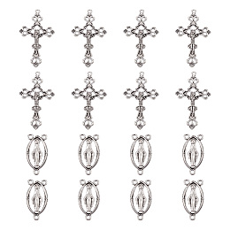 Honeyhandy Rosary Cross and Center Sets for Rosary Bead Necklace Making, Alloy Crucifix Cross Pendants and Virgin Links, For Easter, Antique Silver, Links: 13x25x3mm, Hole: 2mm, Cross: 26x43.5x3mm, Hole: 2mm