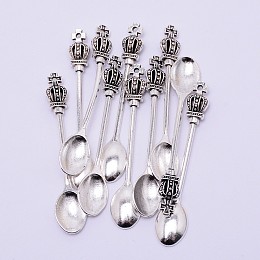 Honeyhandy Tibetan Style Alloy Pendants, Cadmium Free & Lead Free, Spoon with Crown and Cross, Antique Silver, 56x10x6mm, Hole: 1.4mm