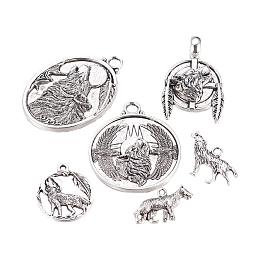 ARRICRAFT 30 pcs 6 Shapes Tibetan Style Alloy Pendants, Wolf Theme Metal Pendant Charms for Jewelry Making, Antique Silver