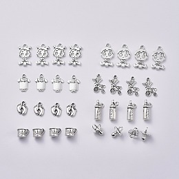 Honeyhandy Baby Theme, Tibetan Style Alloy Pendants, Baby Girl & Baby Boy & Dummy Pacifier & Cup with Baby & Clothe with Baby & Baby Feet & Pram & Feeding-bottle, Antique Silver, 32pcs/set