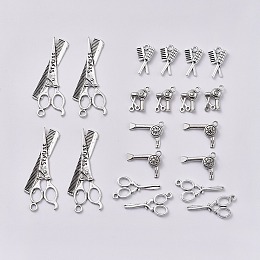 Honeyhandy Haircut Theme, Tibetan Style Zinc Alloy Pendants, Comb, Blow Drier, Scissor, Hairdrier & Scissor, Comb & Scissor with Word Stylist, Antique Silver, 20pcs/set