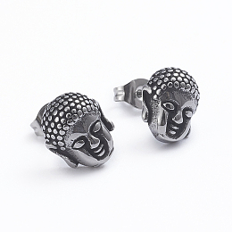 Honeyhandy Retro 304 Stainless Steel Stud Earrings, with Ear Nuts, Buddha Head, Antique Silver, 11x9.5mm, Pin: 0.7mm