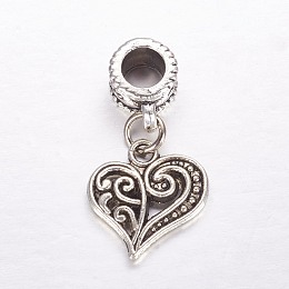 Honeyhandy Tibetan Style Alloy European Dangle Charms, Large Hole Pendants, Heart, Antique Silver, 26mm, Hole: 4.5mm, Pendant: 14x13.5x2mm