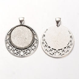 Honeyhandy Tibetan Style Alloy Pendant Cabochon Settings, Cadmium Free & Lead Free, Flat Round with Stars, Antique Silver, Tray: 25mm, 44x36x2mm, Hole: 5x7mm