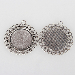 Honeyhandy Vintage Tibetan Style Alloy Flower Pendant Cabochon Bezel Settings, Cadmium Free & Lead Free, Antique Silver, Flat Round Tray: 25mm, 44x39x2mm, Hole: 3mm