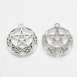 Honeyhandy Tibetan Style Alloy Pentacle Pendants, Wicca Pendants, Flat Round with Pentagram Star, Antique Silver, 30.5x26x1.5mm, Hole: 2mm