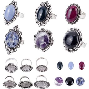 SUNNYCLUE 12pcs 6 Styles Antique Silver Ring Settings Adjustable Blank Hollow Flower Oval Round with Colorful Gemstone Cabochons Ring Making Kit for DIY Jewelry Making Crafts Supplies