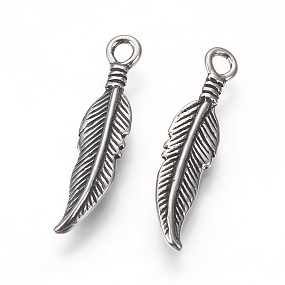 Honeyhandy 316 Surgical Stainless Steel Pendants, Feather, Antique Silver, 25.5x6x2.5mm, Hole: 2mm