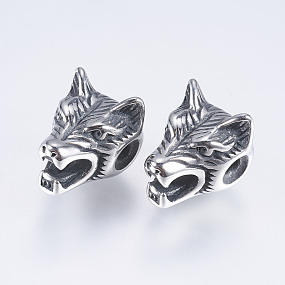 Honeyhandy 316 Surgical Stainless Steel Beads, Wolf, Antique Silver, 12x11x14mm, Hole: 2mm