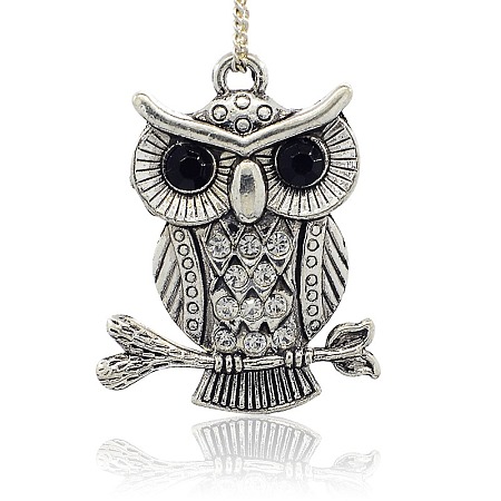 Honeyhandy Tibetan Style Alloy Rhinestone Bird Pendants, with Resin Cabochons, Owl for Halloween, Antique Silver, Crystal, 48x37x4mm, Hole: 4mm