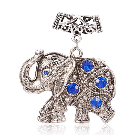 Honeyhandy Alloy Rhinestone Big Pendants, with Alloy Scarf Bail Bead Tube Bails, Antique Silver Color Plated, Elephant, Large Hole Pendant, Sapphire, 54mm, Hole: 7mm, Pendant: 38x48x8mm
