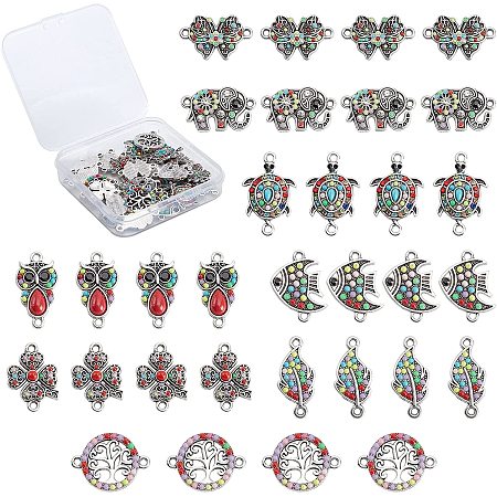SUNNYCLUE 1 Box 32Pcs 8 Styles Antique Silver Connectors Animal Butterfly Fish Tree of Life Clover Flat Round Links Charms Colorful Resin Beads for Jewelry Making Charms DIY Bracelets Findings