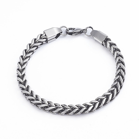 Honeyhandy 304 Stainless Steel Wheat Chain Bracelets, with Lobster Claw Clasps, Antique Silver, 8-1/2 inch(21.5cm), 6mm