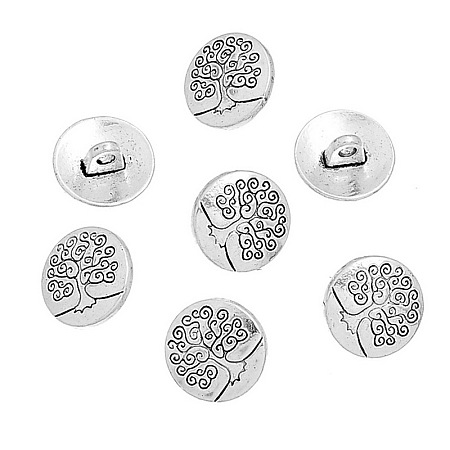 Honeyhandy Zinc Metal Alloy Shank Buttons, Flat Round with Tree of Life, Antique Silver, 14.5x7mm, Hole: 2.5mm