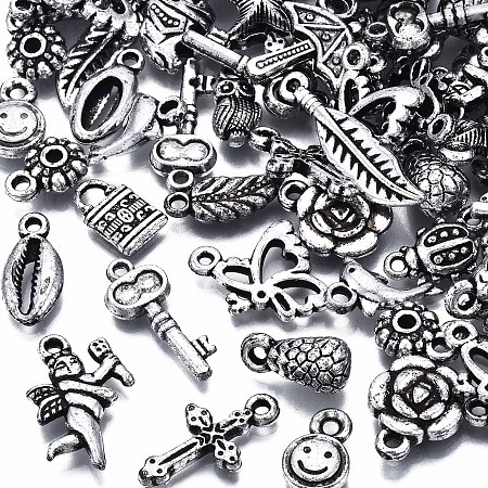 Arricraft Plastic Beads, for DIY Jewelry Making, Lock & flower & Umbrella& Key & Angel & Leaf & Butterfly & Dolphin & Starfish & Ladybird, Antique Silver, 10~30x7~17x1~8mm, Hole: 1.2~4mm