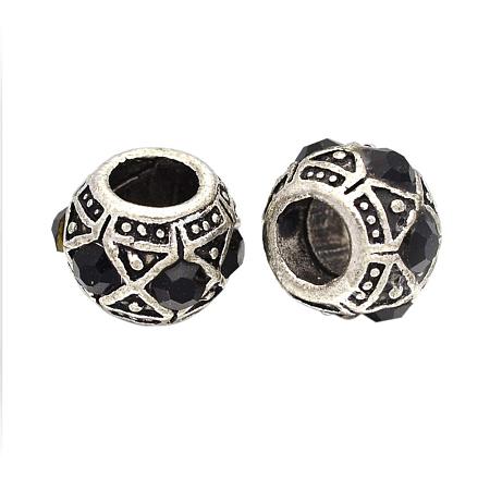 NBEADS 5 pcs Jete Large Hole Rondelle Beads Antique Silver Plated Alloy Rhinestone European Beads 10x8mm, Hole: 5mm