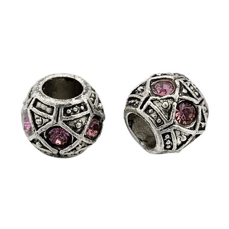 NBEADS 5pcs Antique Silver Plated Alloy Rhinestone European Beads, Large Hole Rondelle Beads, Light Rose, 10x8mm, Hole: 5mm