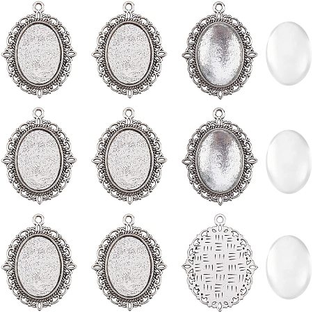 Arricraft 50 Sets Retro Style Oval Cabochon Tray Kit 25x18mm, 50 Pcs Pendant Bezel Tray Settings and 50 Pcs Glass Cabochons for DIY Pendant Jewelry Making Kits(Antique Silver)