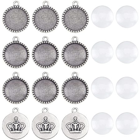 Arricraft 200 Pcs 18mm Half Round Cabochon Tray Kit, 100 Pcs Bezel Pendant Trays Setting and 100 Pcs Glass Cabochon for DIY Pendant Jewelry Making (Antique Silver, With Crown Pattern)