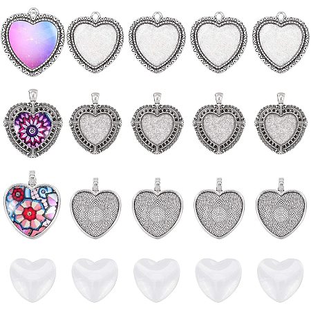 NBEADS Cabochon Pendant Setting, with 3 Styles 15 Pcs Heart Alloy Pendant Trays and 15 Pcs Glass Cabochons for DIY Valentine's Day Jewelry Makings