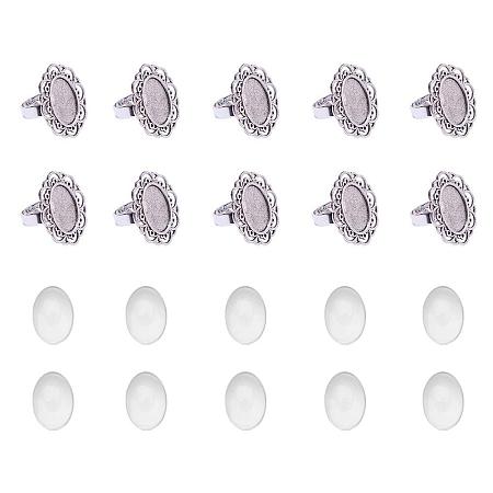 Arricraft 10 Sets Antique Silver 13x18mm Oval Transparent Glass Cabochons and Iron Flower Finger Ring Components Alloy Cabochon Bezel Settings for Ring Making