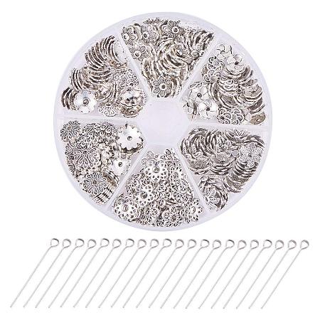 PandaHall Elite About 300pcs 6 Styles Antique Silver Tibetan Alloy Flower Bead Caps, 300pcs 1 inch 21-Gauge Iron Eye Head Pins for Jewelry Making Craft