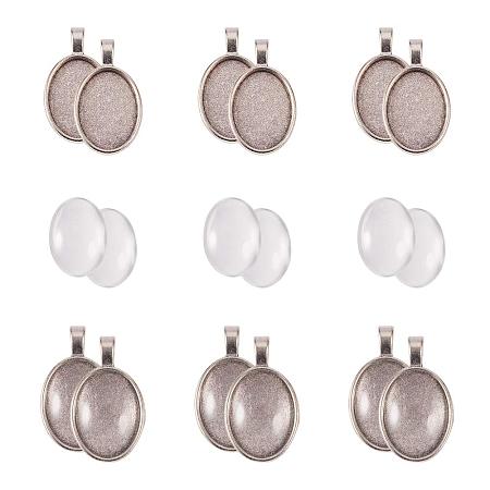 PandaHall Elite 20pcs Antique Silver Oval Tibetan Alloy Pendant Trays Blank Bezel with 20pcs Clear Glass Cabochon Dome Tiles for Crafting DIY Jewelry Making, Trays: 18x25mm