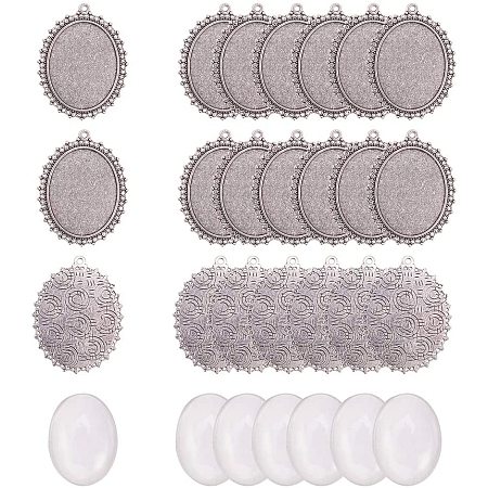 Arricraft 20pcs Bezel Pendant Blanks Settings - 10pcs 40x30mm Oval Pendant Trays Bezel Blanks with 10pcs Glass Cabochons Dome for Photo Jewelry Making, Antique Silver