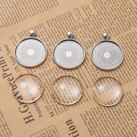 Honeyhandy DIY Pendant Making, Tibetan Style Alloy Pendant Cabochon Settings and Transparent Glass Cabochons, Flat Round, Antique Silver, Tray: 30mm, 41.5x33x2mm, Hole: 6x4mm, 29.5~30x7mm, 2pcs/set