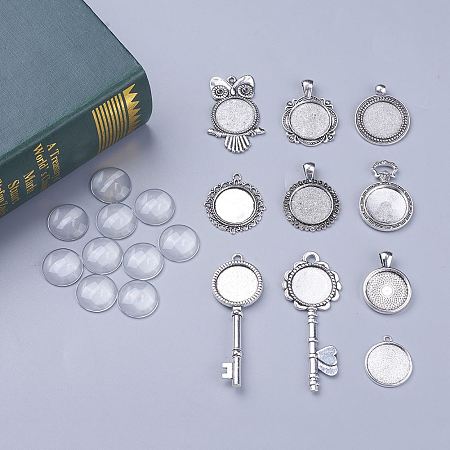 DIY Pendant Making, Tibetan Style Alloy Pendant Cabochon Settings and Half Round/Dome Transparent Clear Glass Cabochons, Antique Silver, 35x32x2mm, Hole: 2mm