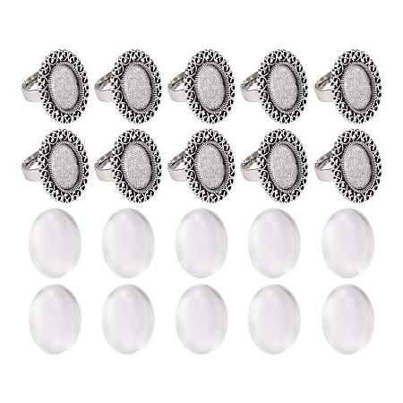 ARRICRAFT 10 Sets Antique Silver 13x18mm Oval Transparent Glass Cabochons Iron Flower Finger Ring Components Alloy Cabochon Bezel Settings Ring Making