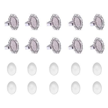ARRICRAFT 10 Sets Antique Silver 13x18mm Oval Transparent Glass Cabochons Iron Flower Finger Ring Components Alloy Cabochon Bezel Settings Ring Making