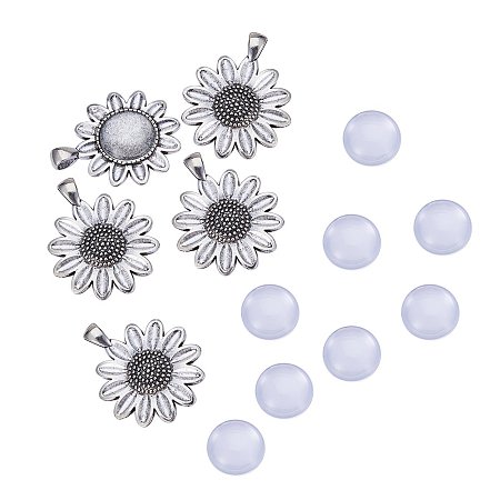NBEADS 10 Sets Alloy Pendant Cabochon, Sun Flower Pendant Blanks Trays Bezel Settings and Clear Glass Cabochons for Cameo Pendants, Photo Jewelry, Necklace and Crafts