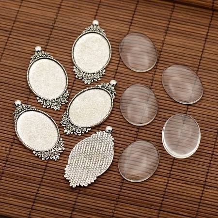 Honeyhandy Tibetan Style Alloy Pendant Cabochon Settings, Oval with Flower and Transparent Oval Glass Cabochons, Antique Silver, Tray: 40x30mm, 63x32x2mm, Hole: 4mm, Glass Cabochons: 40x30x8mm