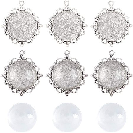 Arricraft 6 Sets Alloy Antique Silver Pendant Cabochon Settings with Round Glass Cabochon Cover for DIY Pendant Making, Tray 30mm