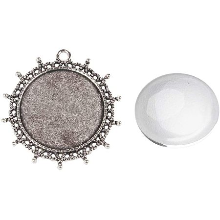 Arricraft 6 Sets Antique Silver Flat Round Alloy Pendant Cabochon Trays with 30mm Glass Dome Tiles Cabochons, Blank Cameo Bezel Cabochon Settings for Pendant Making DIY Jewelry Making