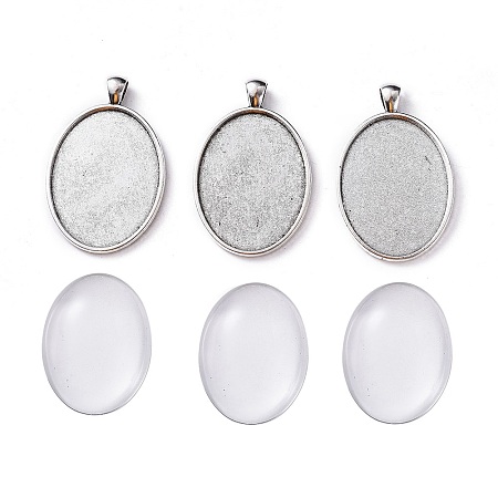 Honeyhandy DIY Pendant Making, with Tibetan Style Oval Alloy Big Pendant Cabochon Settings and Transparent Oval Glass Cabochons, Antique Silver, Cabochons: 40x30x7~9mm, Settings: 51.5x33x3mm, Hole: 7x4mm, 2pcs/set
