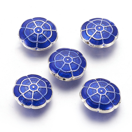 Alloy Enamel Beads, Flower, Antique Silver, Blue, 19x7mm, Hole: 1mm