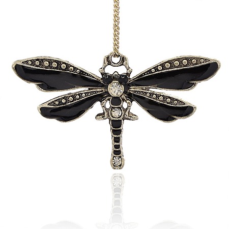 Antique Silver Plated Alloy Enamel Dragonfly Pendants, with Rhinestone, Black, 42x72x4mm, Hole: 2mm