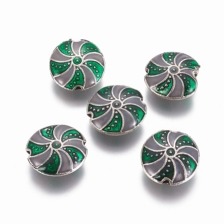 Alloy Enamel Beads, Flat Round, Light Gold, Teal, 13.5~14x5.3mm, Hole: 1.4mm