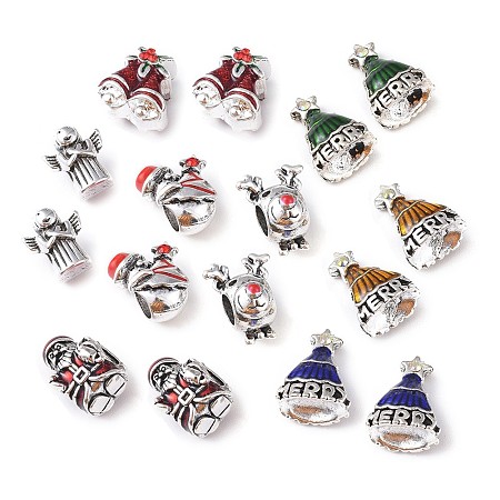 Arricraft Christmas Theme, Tibetan Style Alloy European Beads, Large Hole Beads, Mixed Shapes, Antique Silver, Mixed Color, 16pcs/box