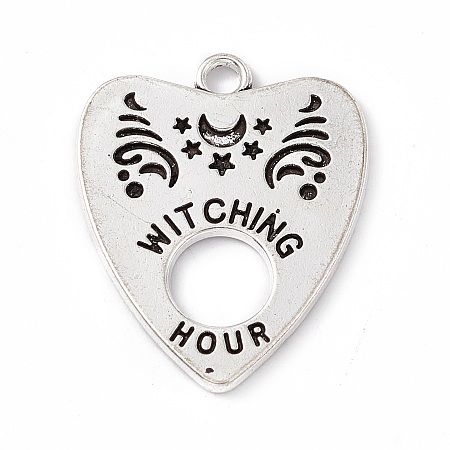 Honeyhandy Tibetan Style Alloy Pendants, Antique Silver, Heart with Word Witching Hour, Moon Pattern, 27.5x23x1.4mm, Hole: 2.4mm