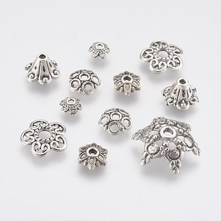Honeyhandy Tibetan Style Bead Caps, Mixed Shapes, Alloy, Flower, Antique Silver, 6~17x2~6mm, Hole: 1~2.5mm, 200g/bag