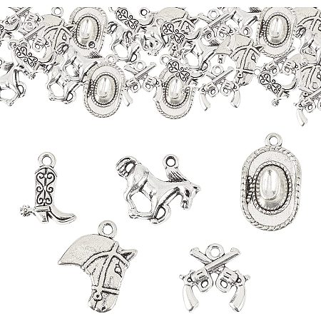 SUNNYCLUE 1 Box 50PCS 5Styles Western Cowboy Charms Pendants Alloy Antique Silver Horse Head Mix Shape Pendants Bulk for Jewelry Making Aharms DIY Findings Crafting Accessories Necklaces Bracelets