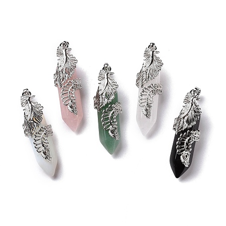 Natural & Synthetic Gemstone Pendants, with Platinum Tone Brass Findings, Cadmium Free & Lead Free, Double Terminal Pointed Bullet with Feather, 45~47.5x14~14.5x13~14mm, Hole: 8x5mm